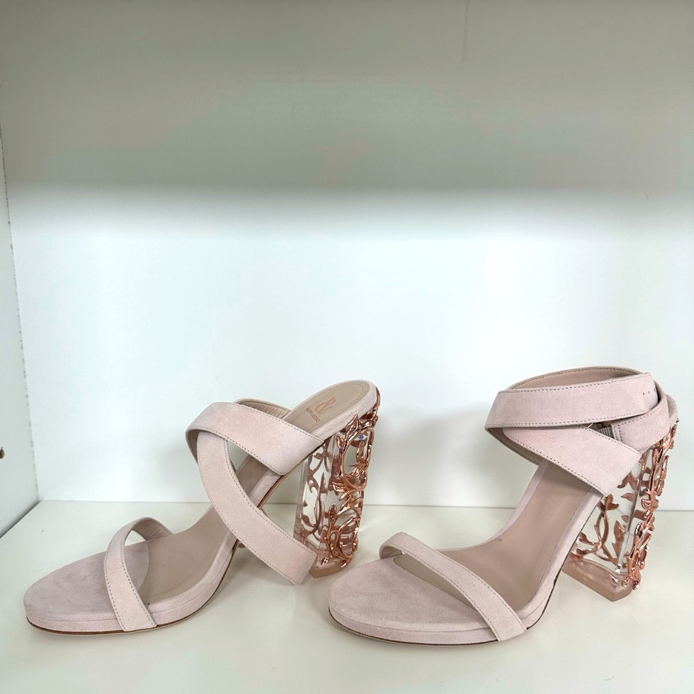 Brand new! Ralph & Russo Eden Womens Suede Plexiglass Heeled Sandals in nude.